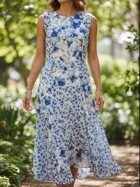 Calvin Klein White and Blue Floral Sleeveless Midi Dress